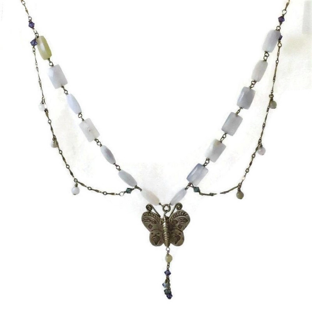 Sterling Butterfly Necklace Regencycore Blue Agate Mariposa Fantasy - Picture 3 of 8